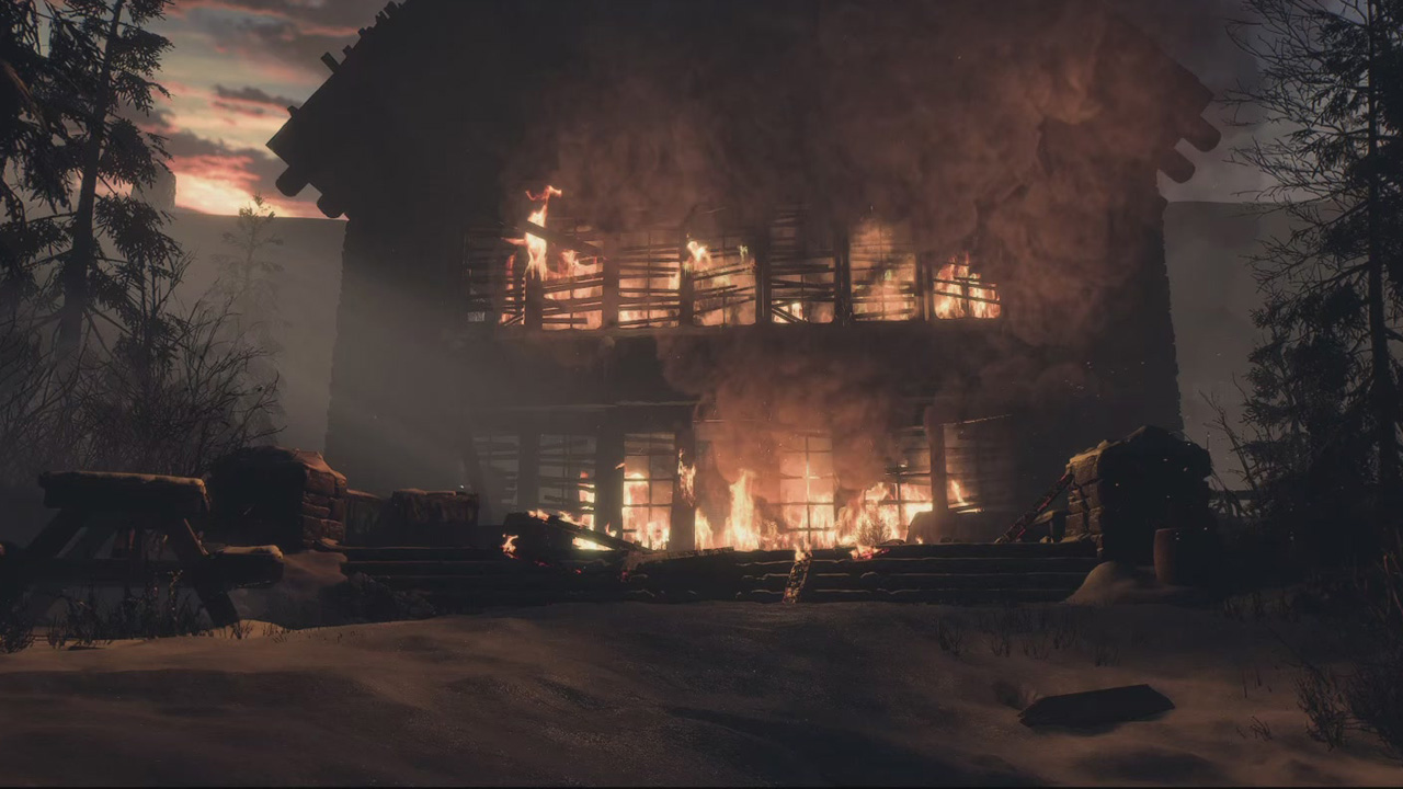 Until Dawn, the lodge burning at the end of the game, viewed from outside.