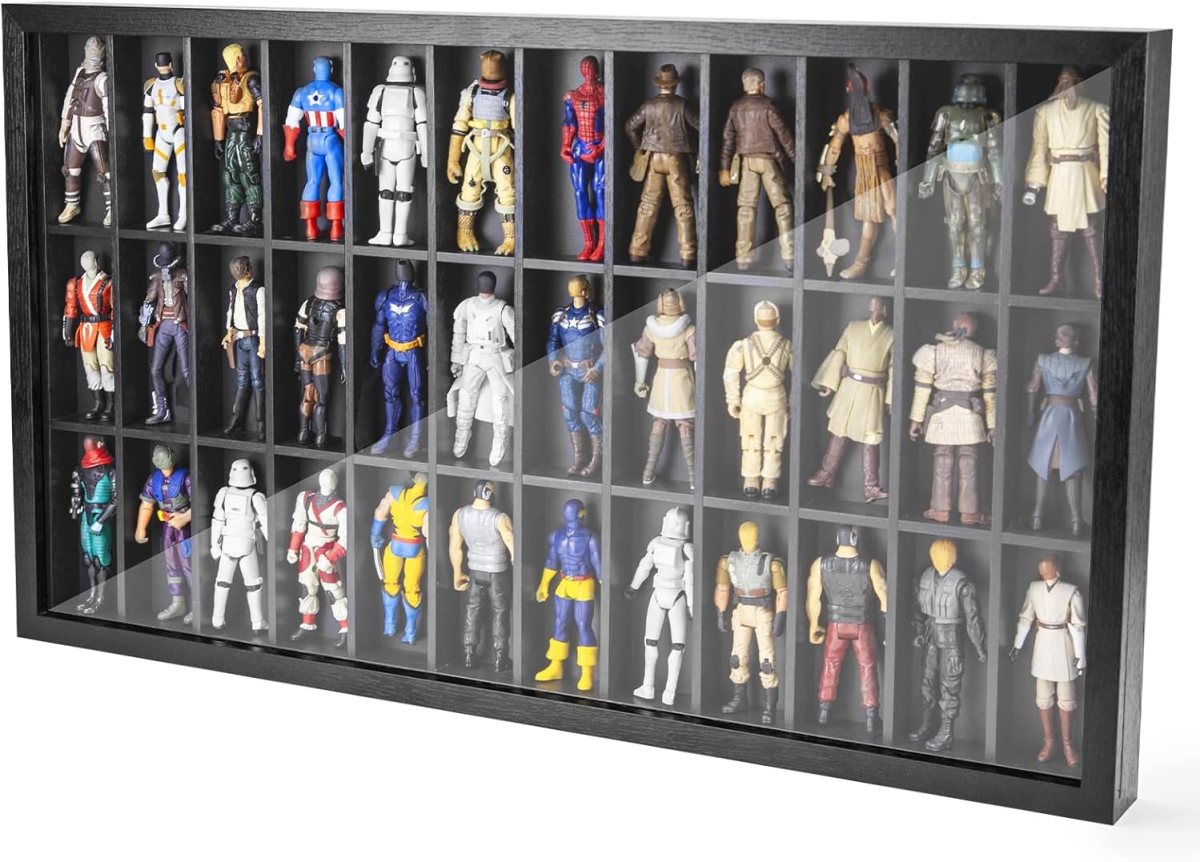 A wall display frame full of 3.75 inch minifigures. 