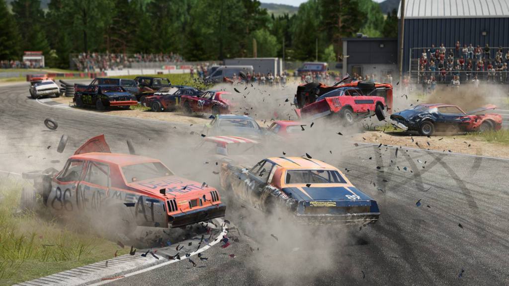 Cars smash into each other on a dirty track