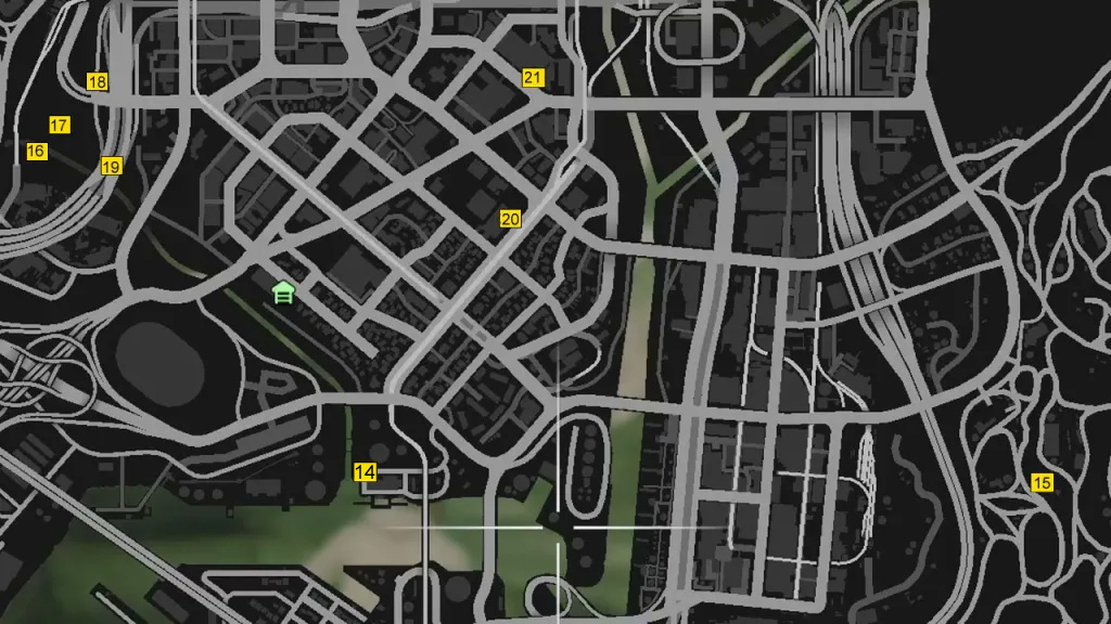 A top-down map in GTA 5, showing the locations of stunt jumps, marked with numbered yellow boxes. 