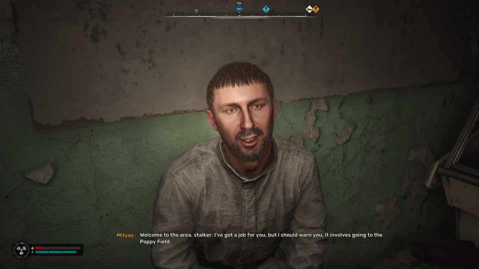 Close Up Shot of Mityay in Stalker 2, with subtitles warning players about the Poppy Field