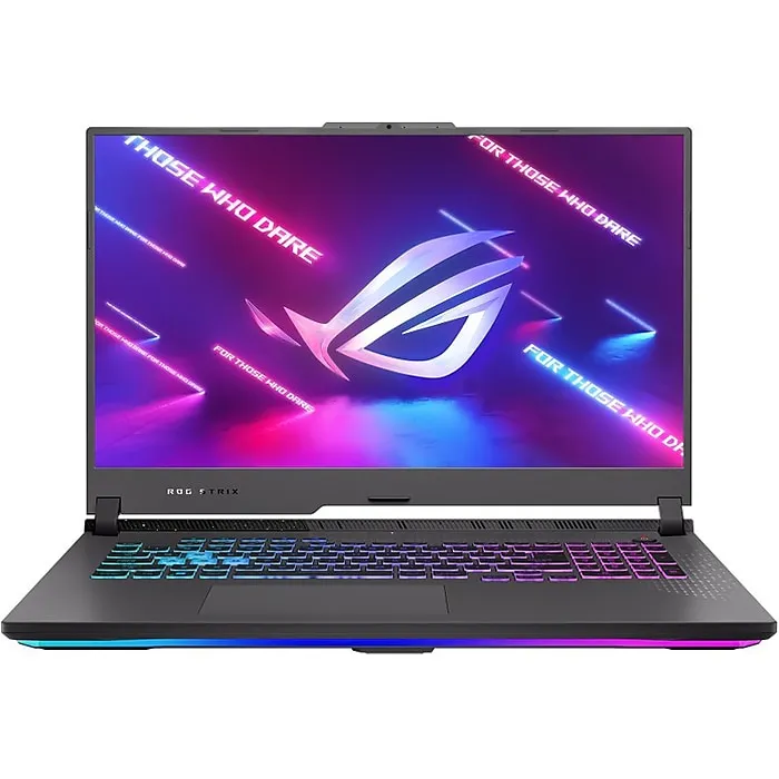 Asus ROG 17.3" Gaming Laptop with the ROG logo on a neon background showing on its screen.