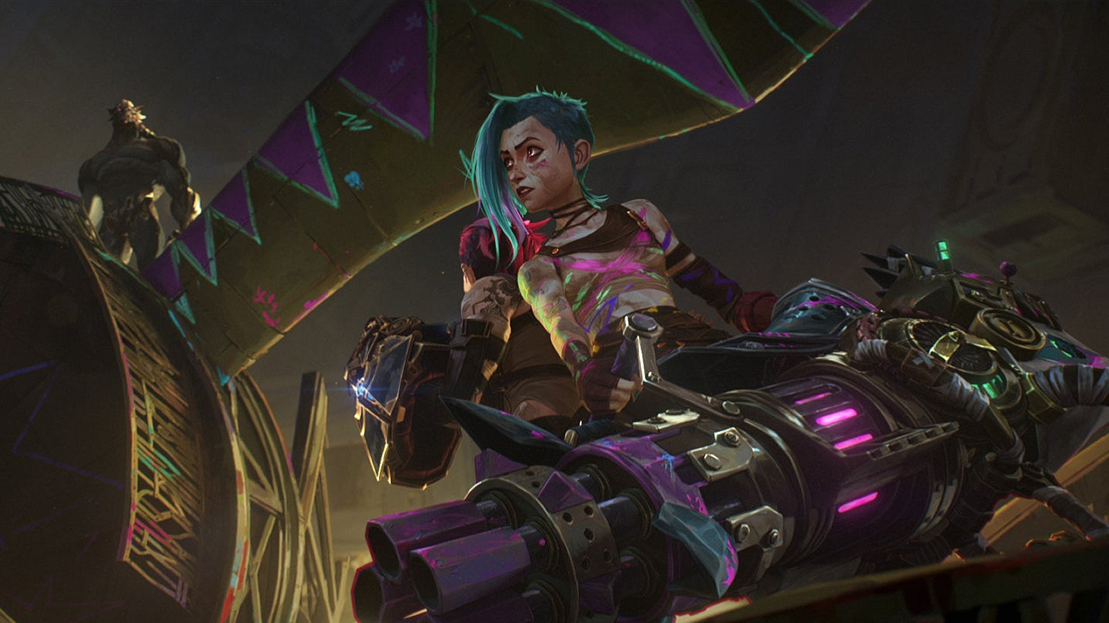 Jinx with a minigun as Vander/Warwick looms in the background in Arcane Season 2 Act 3