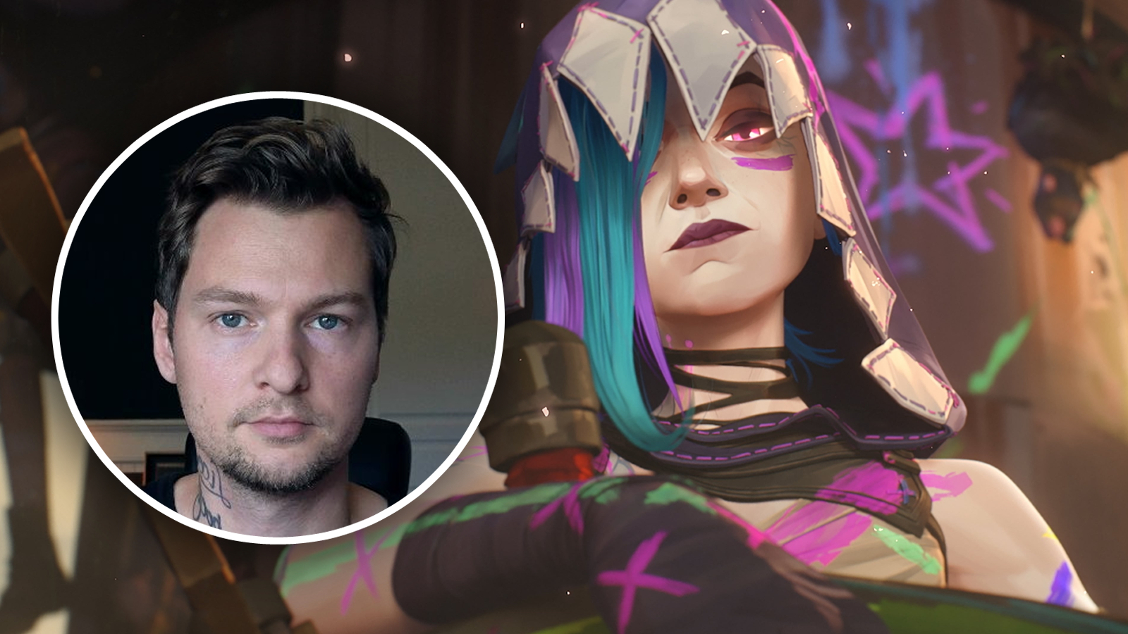 A custom header combining Christian Linke's headshot with a still of Jinx in Arcane Season 2 Act 3