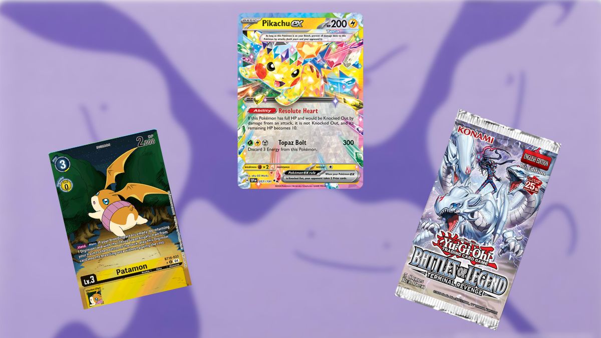 Best TCG Games to Play in 2024 header featuring a Ditto playmat and cards from Digimon, Pokemon, and Yu-Gi-Oh