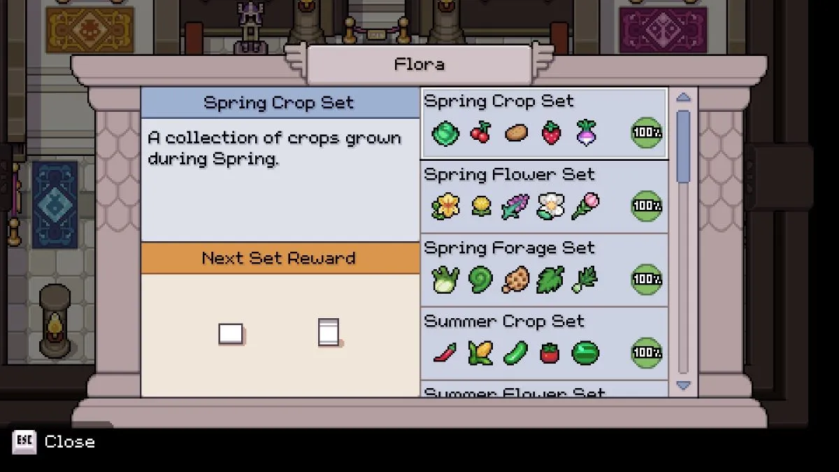 Screenshot showing seasonal Flora sets at the museum in Fields of Mistria