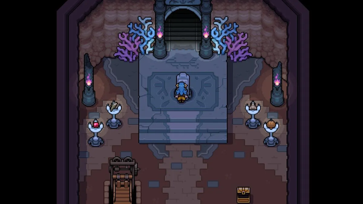 Screenshot of the player making an offering in the mines in Fields of Mistria