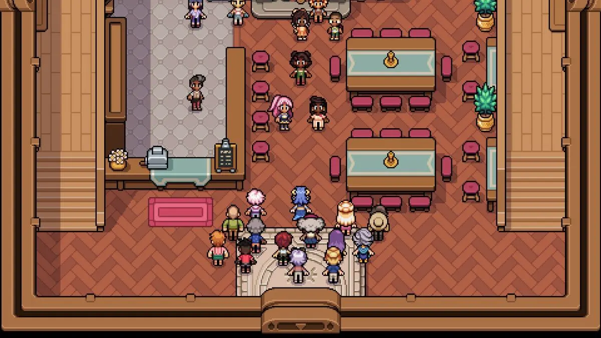 Screenshot of townies gathering at the Sleeping Dragon Inn in Fields of Mistria