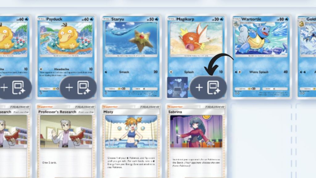 Screenshot from Pokemon TCG Pocket showing where to click to add flair to cards in a battle deck