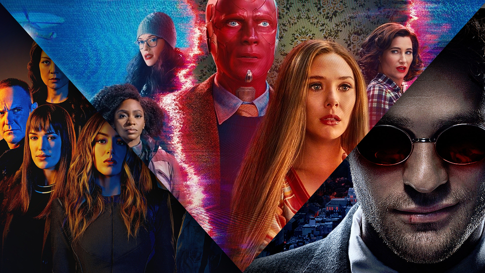 A custom header featuring combined key art for Agents of S.H.I.E.L.D., WandaVision, and Daredevil