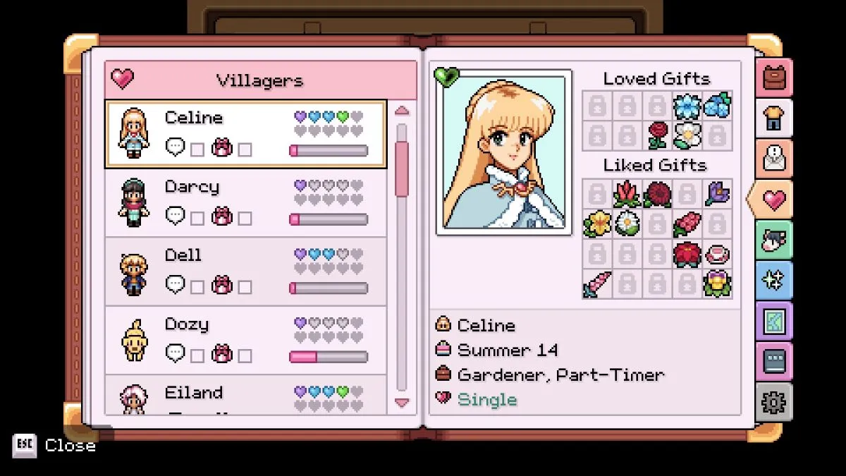 Screenshot of Celine's character profile, with liked/loved gifts and heart level in Fields of Mistria.