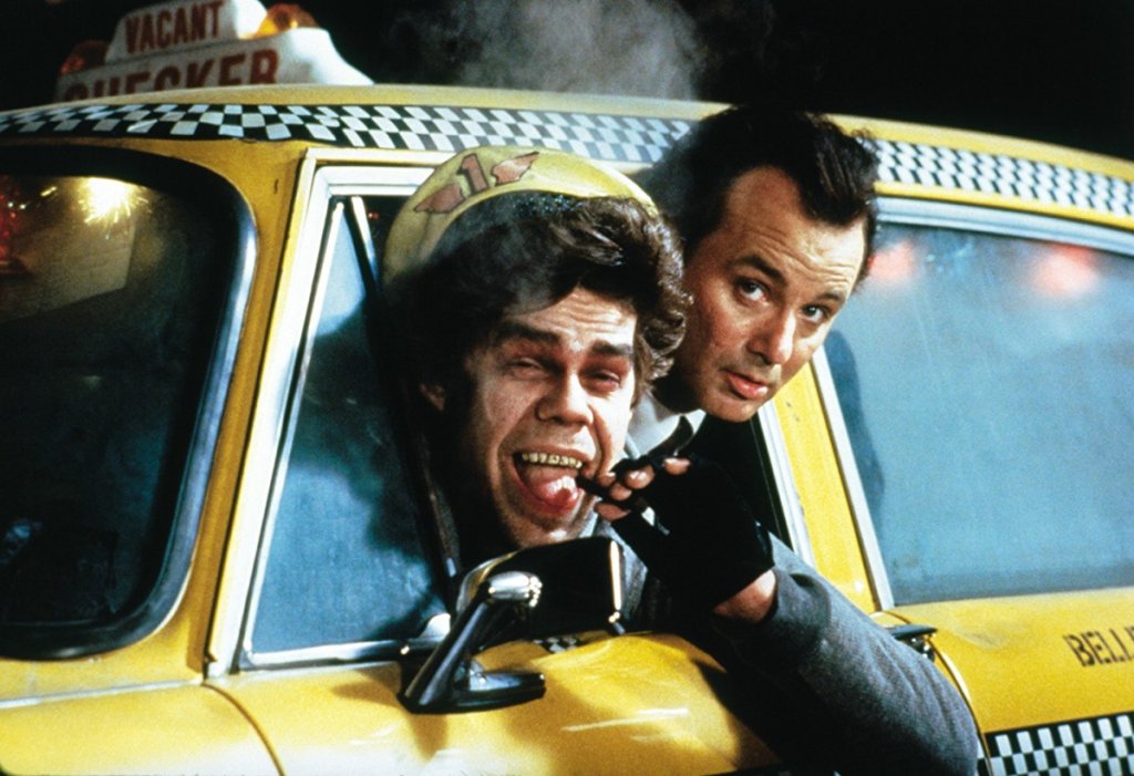 Bill Murray in a Yellow Taxi in Scrooged, image via New York Times