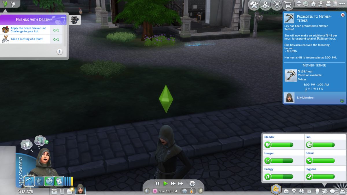 Screenshot of the promotion pop up for The Sims 4 reaper career level 8 