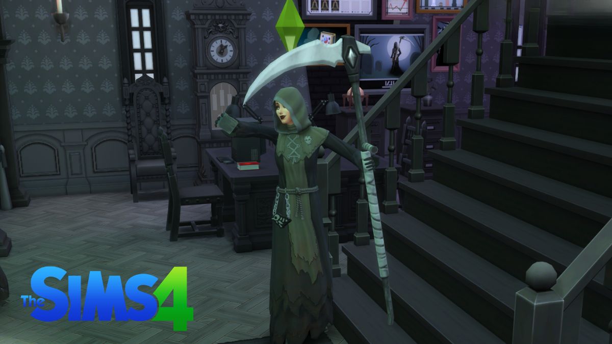 Screenshot showing a Sim in their Reaper costume, sharpening a Scythe