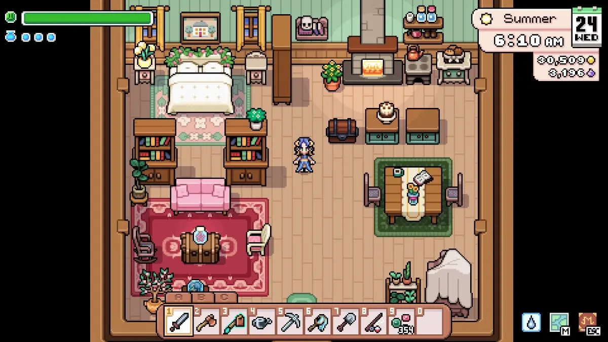 Screenshot of the player's upgraded home in Fields of Mistria