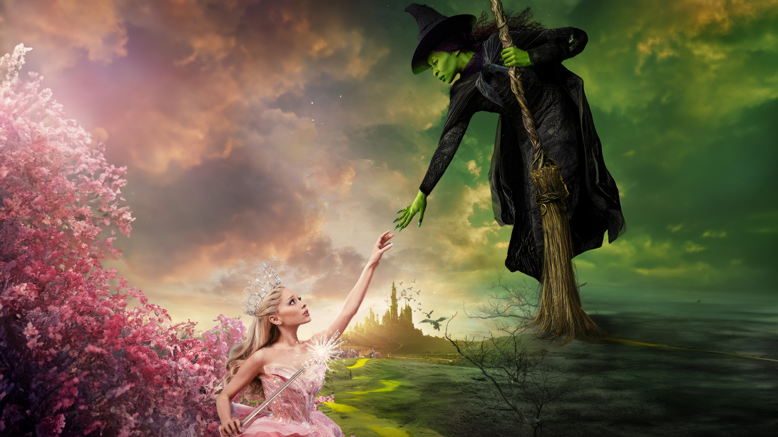 Glinda and Elphaba touching hands in Wicked: Part I key art