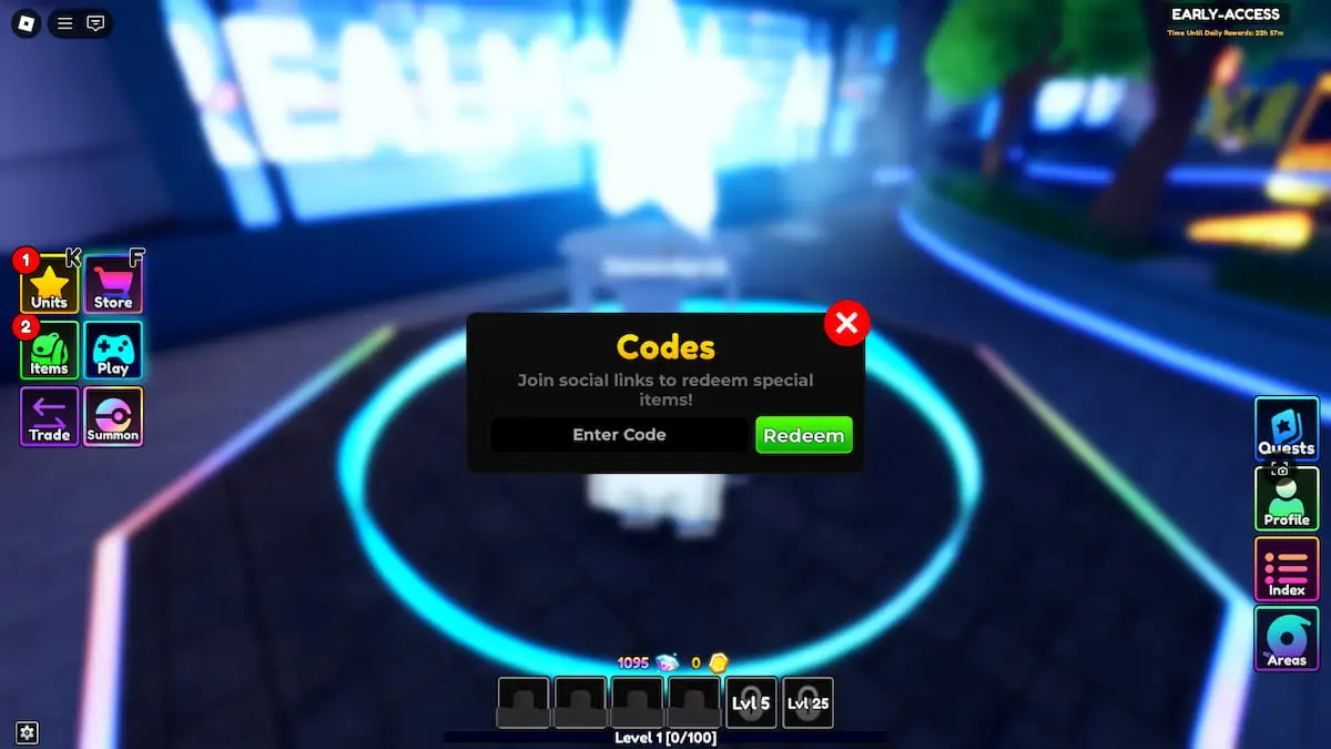 Player redeeming codes in the Anime Realms Roblox experience