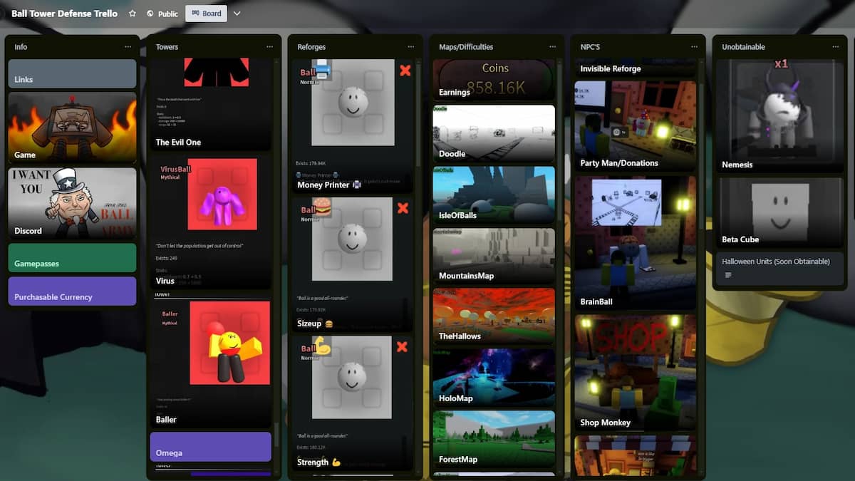 Ball Tower Defense Trello board