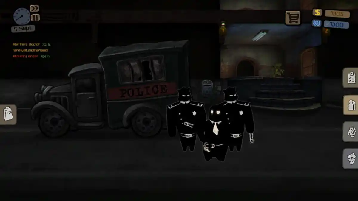 Beholder, three shadowed characters, two police officers, standing by a police van. 