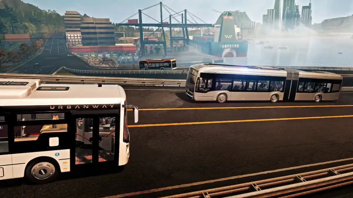 Two buses crossing on opposite sides of the freeway in Bus Simulator 21. 