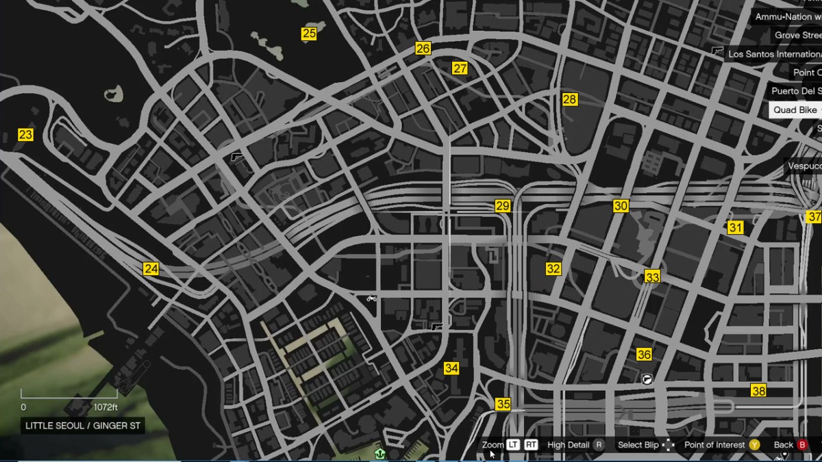 A top-down map in GTA 5, showing the locations of stunt jumps, marked with numbered yellow boxes. 