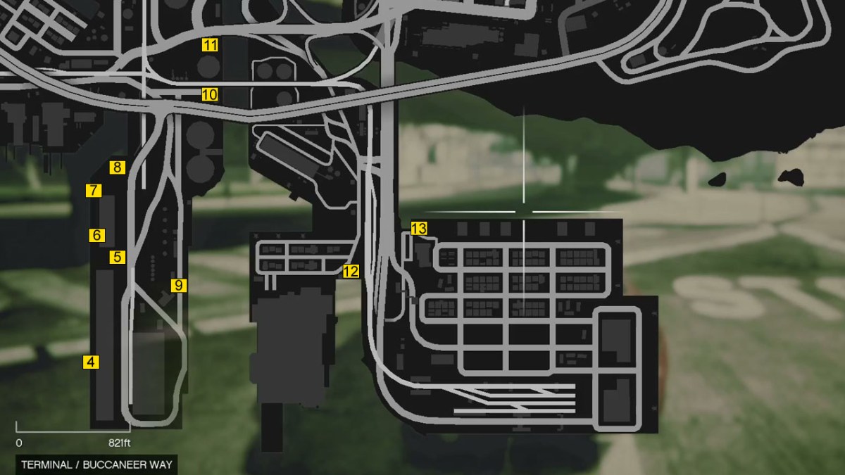 A top-down map in GTA 5, showing the locations of stunt jumps, marked with numbered yellow boxes. 