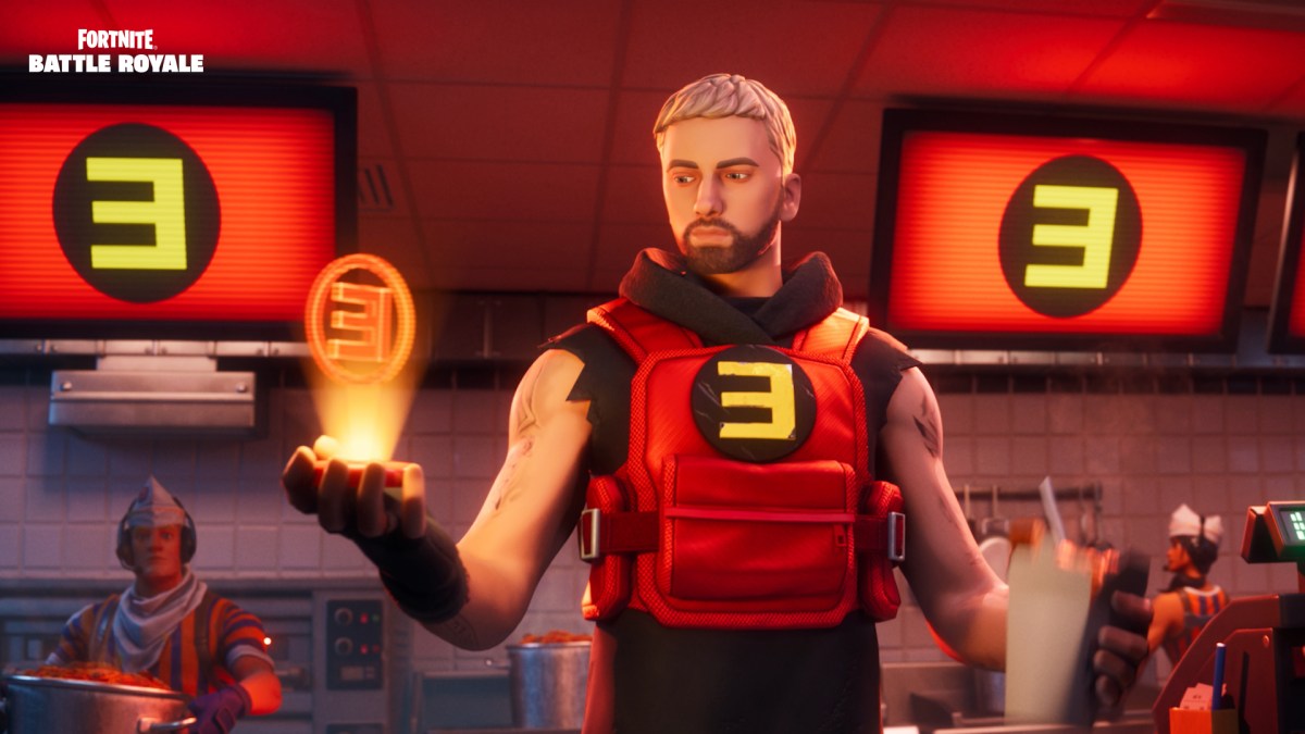 Eminem in Fortnite as part of an article about where to find Mythic weapons in Chapter 2 Remix.