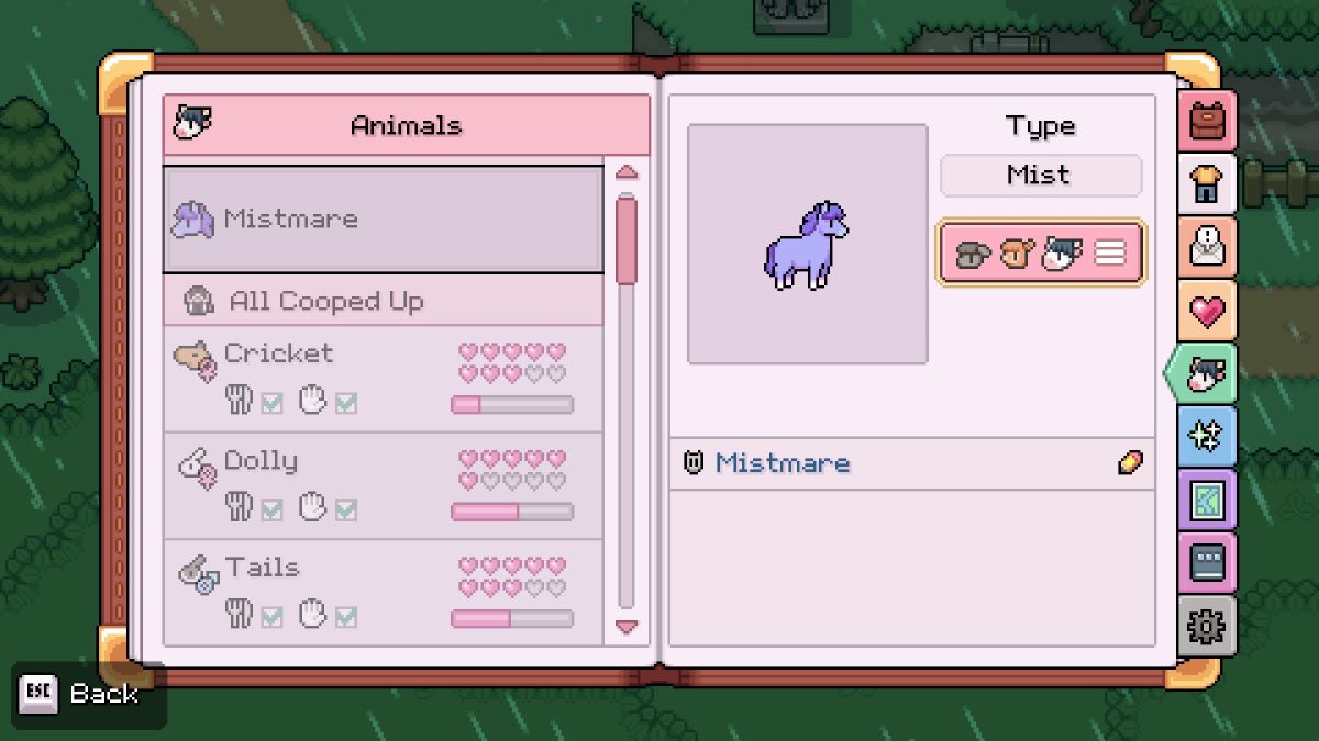 Mistmare's profile in the Animal menu in Fields of Mistria