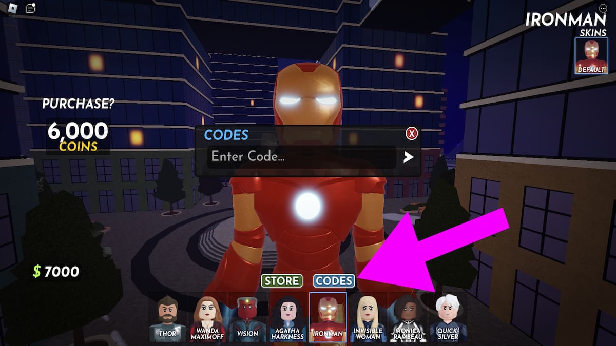 Screenshot of the codes section in Marvel Omega. 