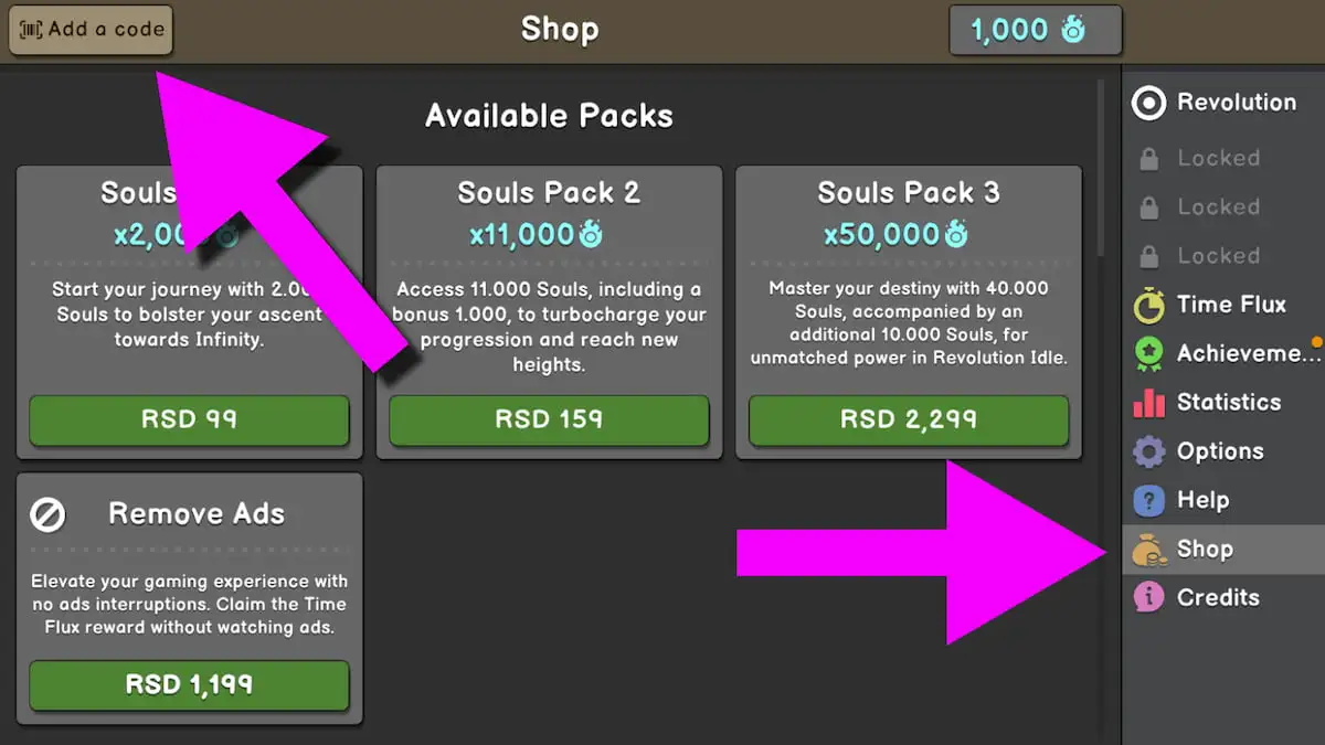 Screenshot of the Revolution Idle shop and codes section. 