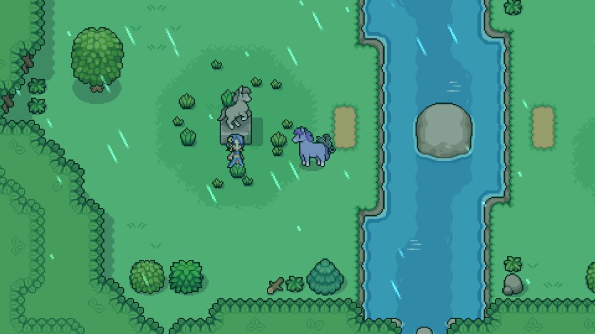 Player meets Mistmare at the Horse statue in Fields of Mistria