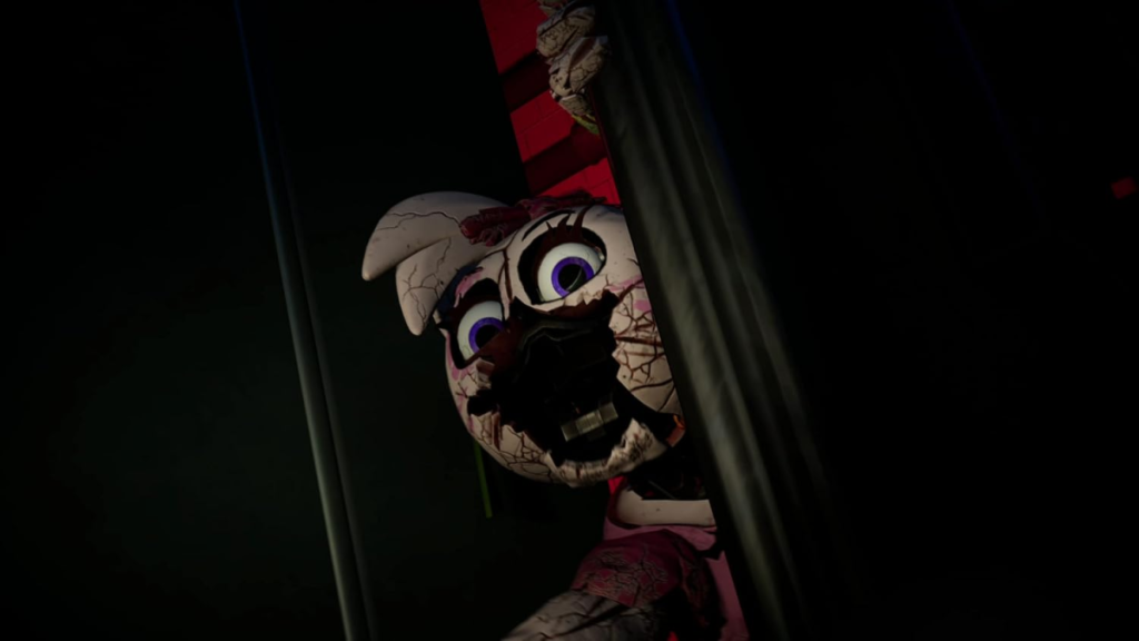 A terrifying, worn-down animatronic approaches the player in FNAF Security Breach