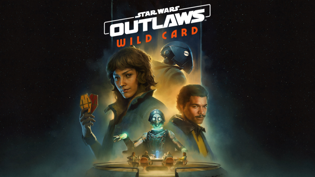 Key Art for the Star Wars Outlaws Wild Card Story Pack, featuring Kay Vess, ND-5, and Lando Calrissian