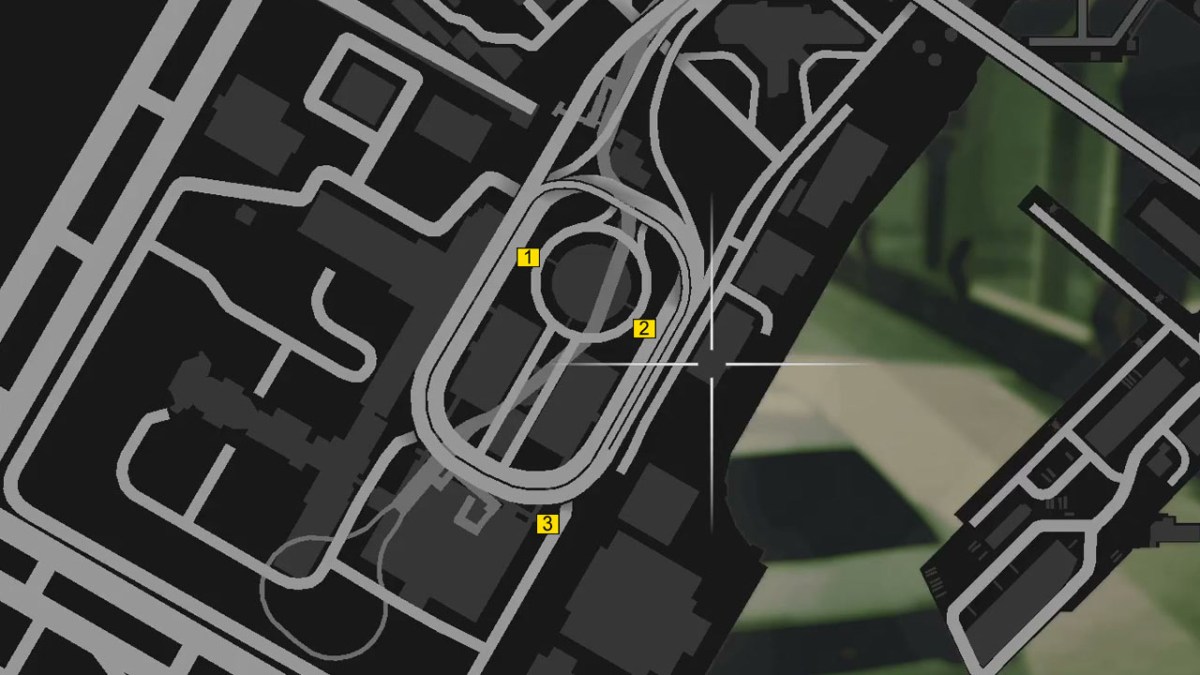 A top-down map in GTA 5, showing the locations of stunt jumps, marked with numbered yellow boxes. 