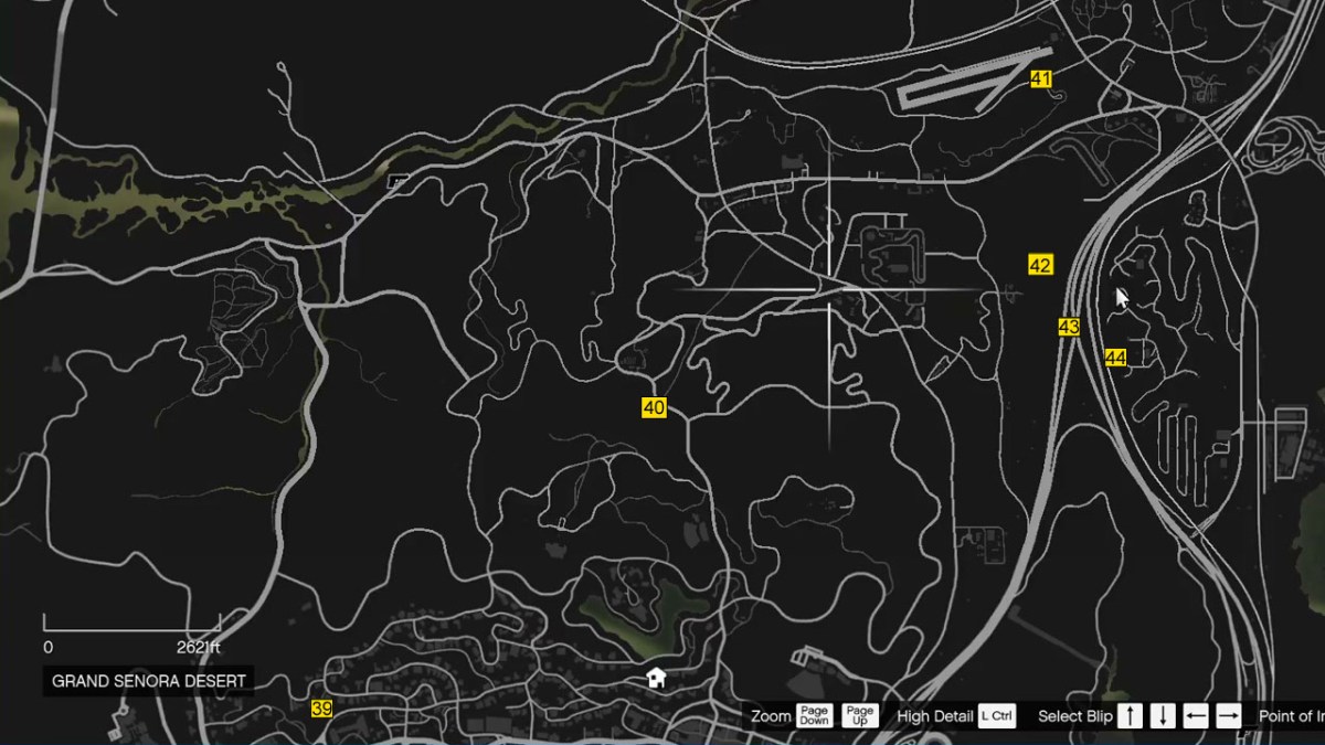 A top-down map in GTA 5, showing the locations of stunt jumps, marked with numbered yellow boxes. 