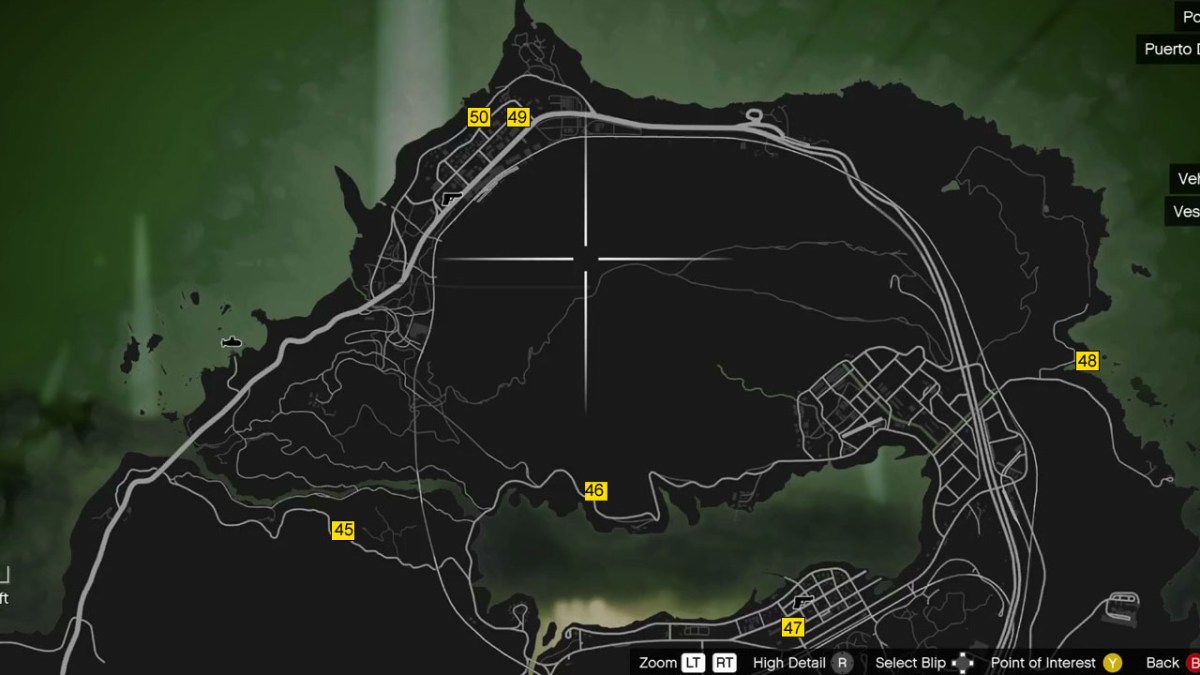 A top-down map in GTA 5, showing the locations of stunt jumps, marked with numbered yellow boxes. 