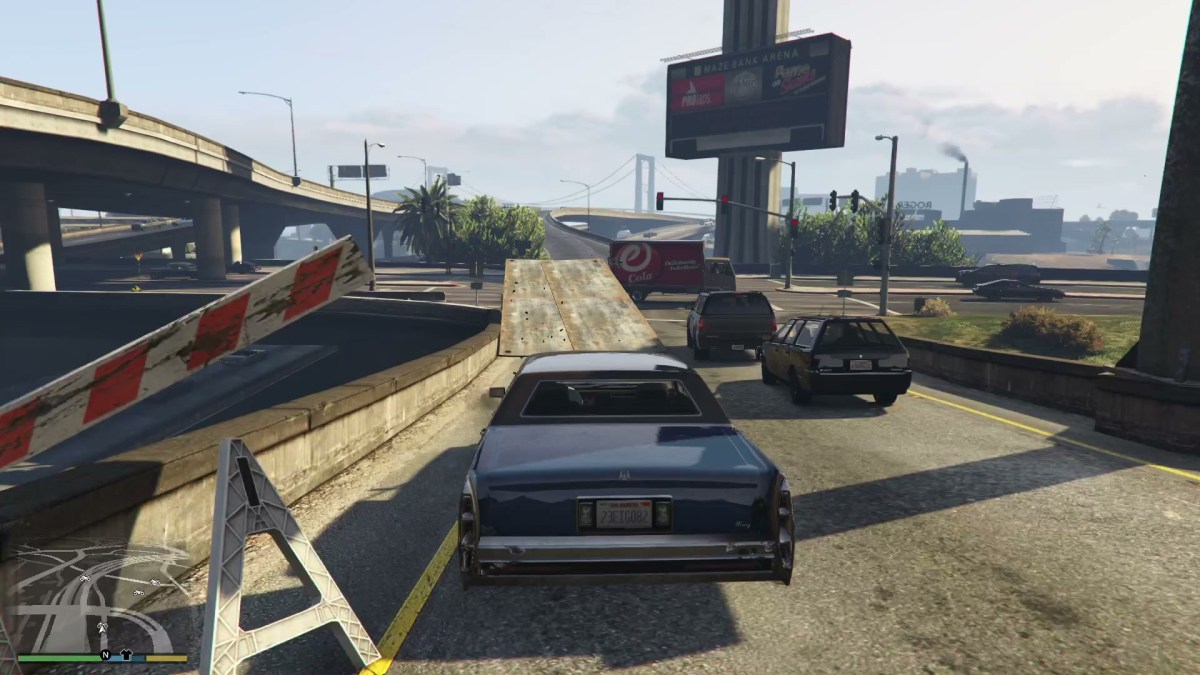 An image showing the player approaching a stunt jump in GTA 5, in a vehicle.