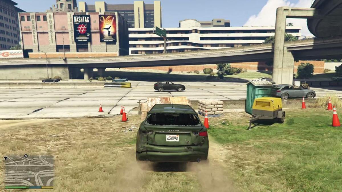 An image showing the player approaching a stunt jump in GTA 5, in a vehicle.