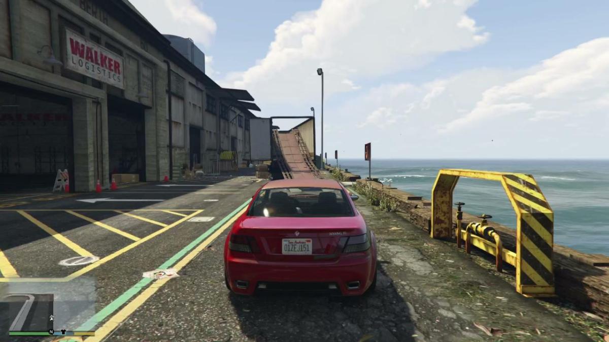 An image showing the player approaching a stunt jump in GTA 5, in a vehicle.