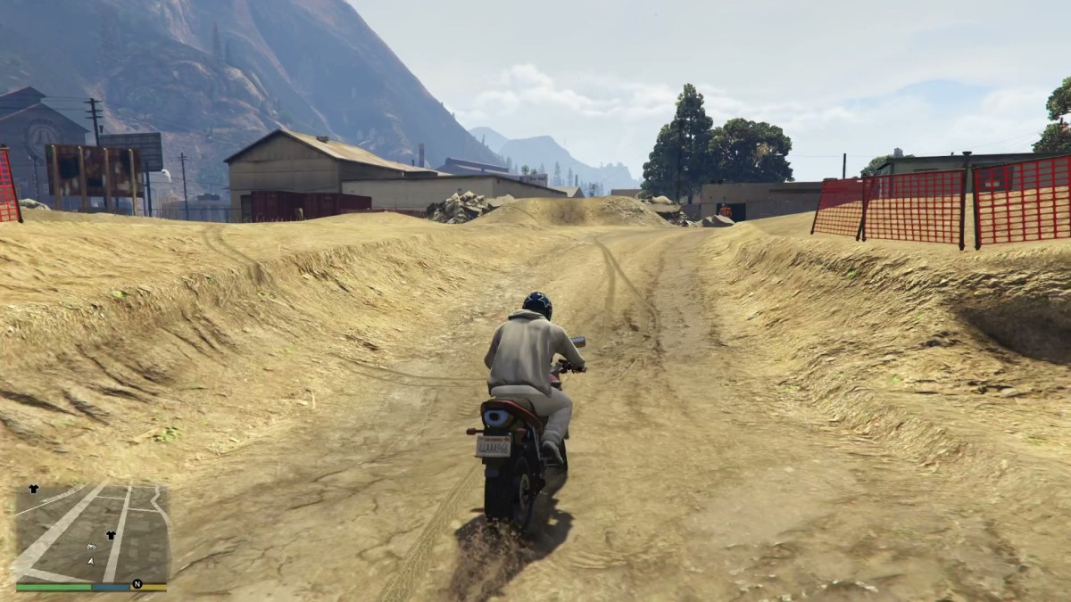 An image showing the player approaching a stunt jump in GTA 5, in a vehicle.