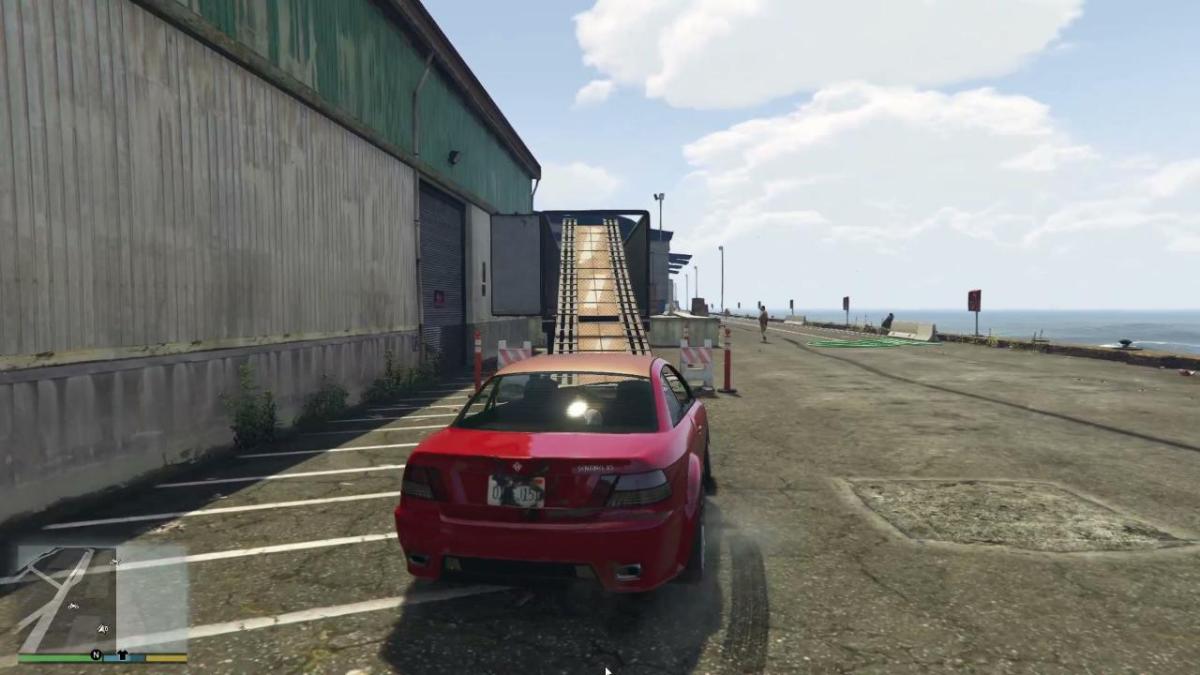 An image showing the player approaching a stunt jump in GTA 5, in a vehicle.