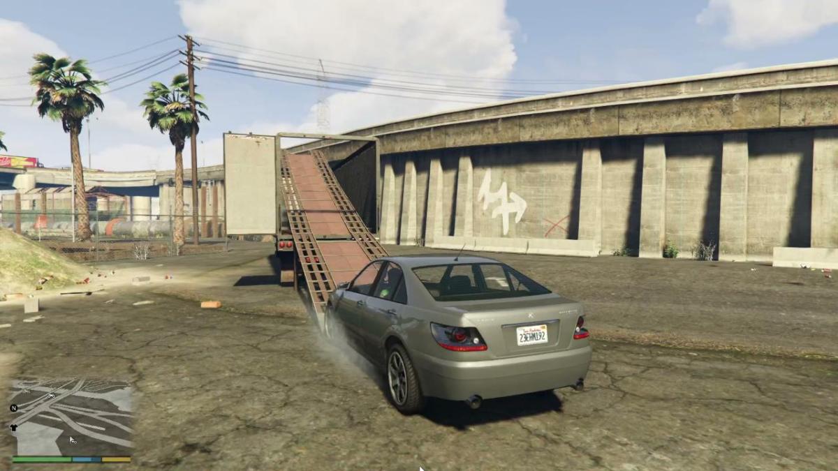 An image showing the player approaching a stunt jump in GTA 5, in a vehicle.