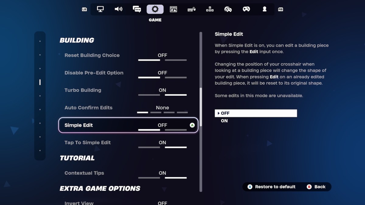 The Simple Edit setting in Fortnite.