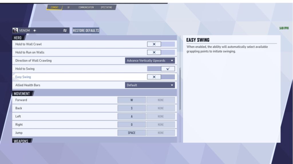 Marvel Rivals Venom Auto Swing Off Settings Page
