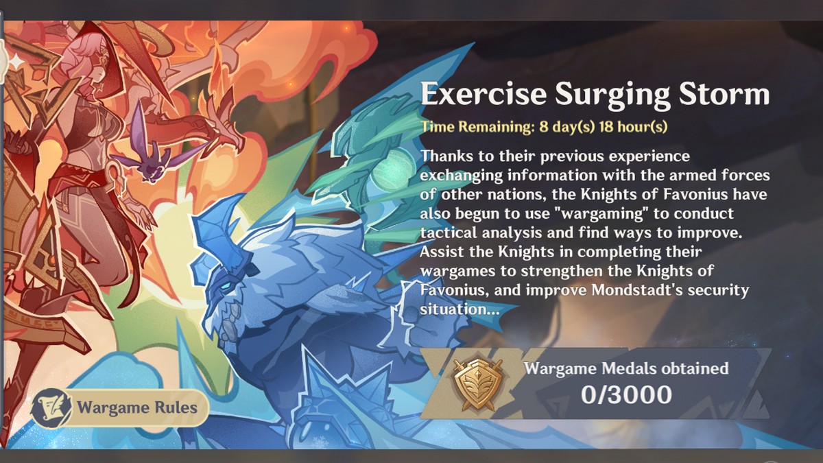 The Event Screen in Genshin Impact showing the Exercise Surging Storm Event.