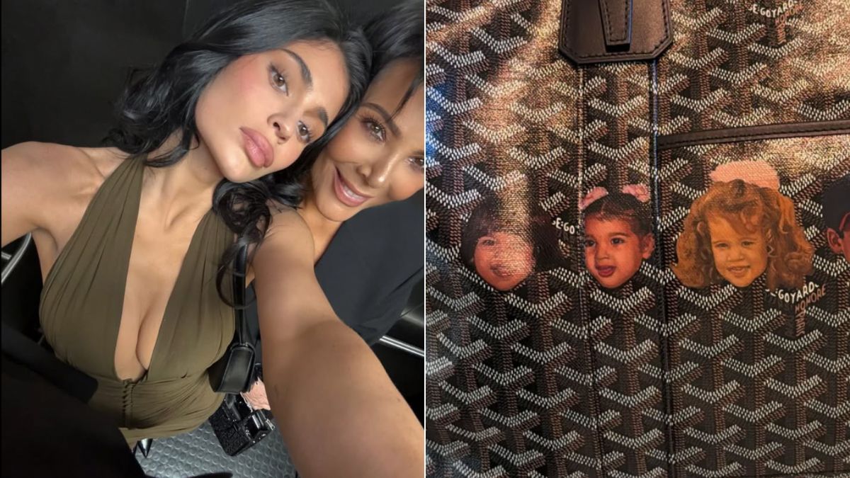 Left: Kylie and Kris Jenner. Right: A customised Goyard duffel bag with handpainted faces