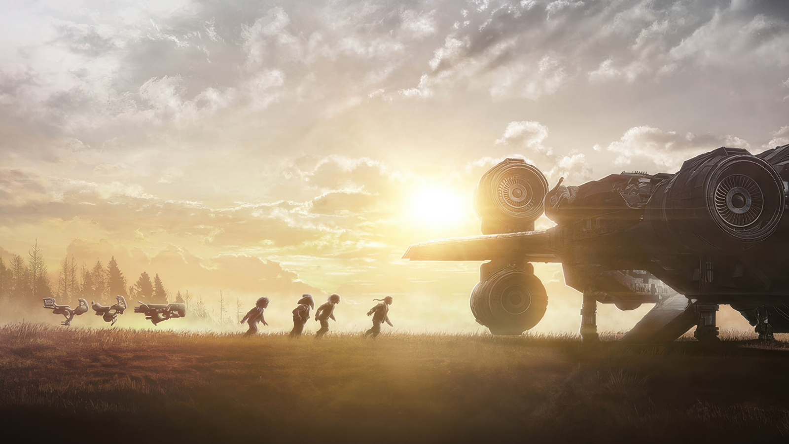 Key art for Star Wars: Skeleton Crew depicting the four kids walking to the Onyx Cinder starship