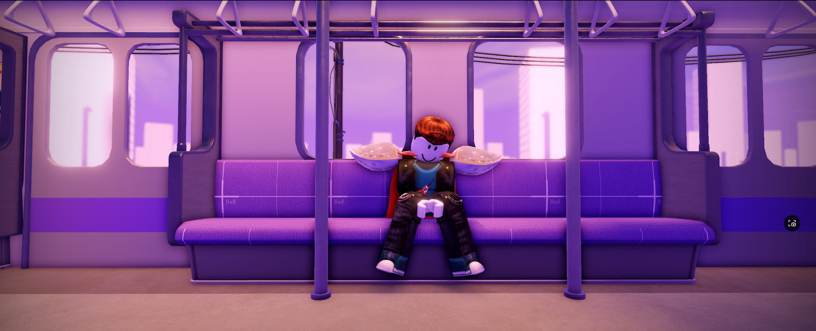 A Roblox character is riding a subway in Jujutsu Infinite