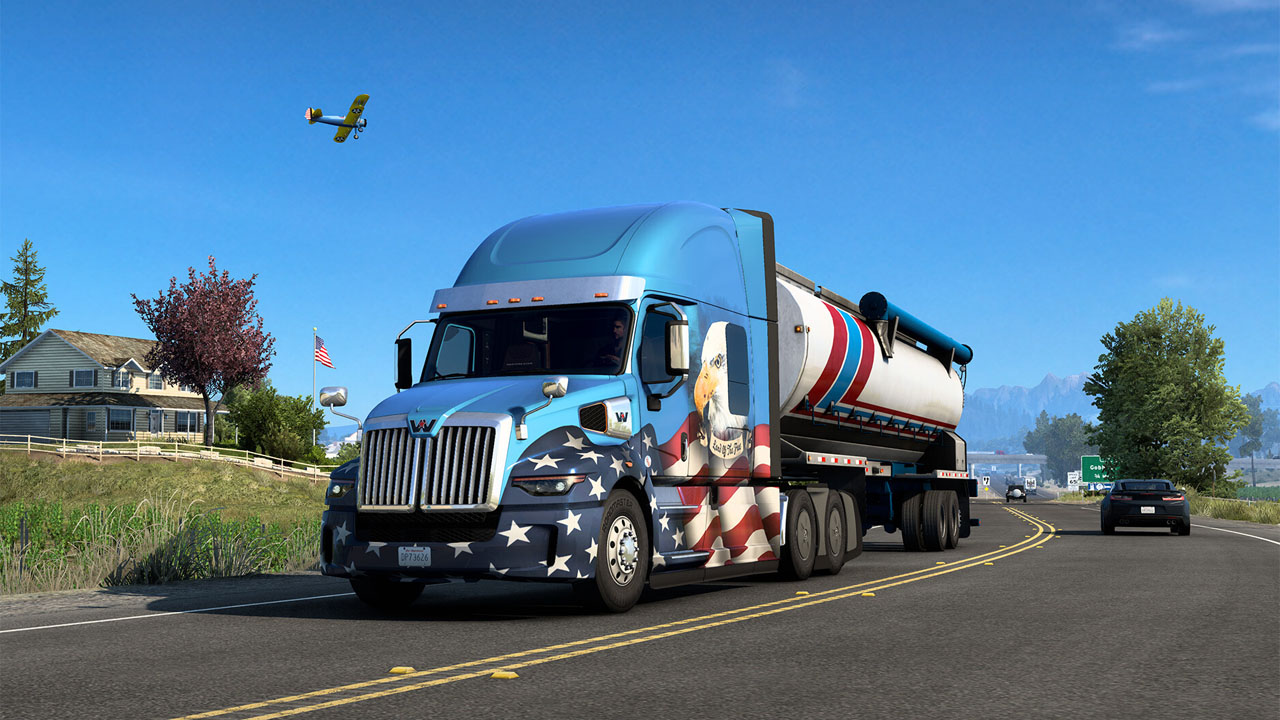 American Truck Simulator, a big rig driving along the road.