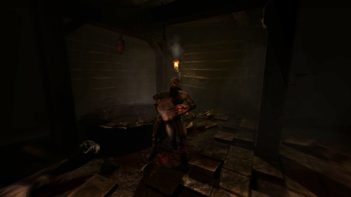 Amnesia: The Dark Descent, a monster approaching the player in a dark room. 